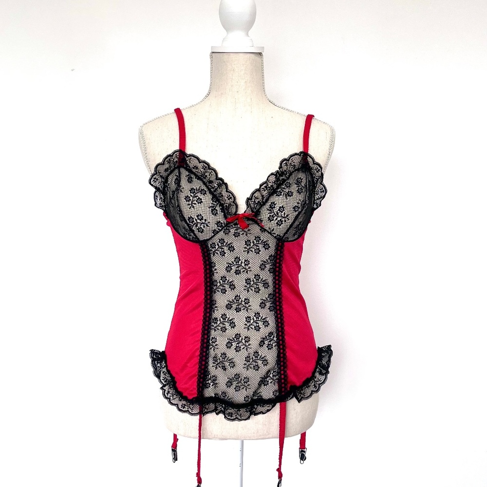 VINTAGE Nan Flower Red Black Lace Teddy Lingerie Bustier with Garters